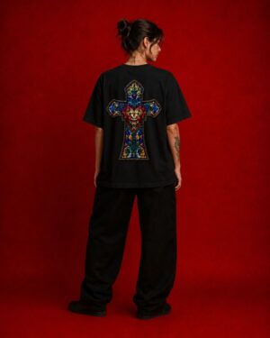 Camiseta negra LaMisa Collection con cruz de vidriera a color en la espalda.