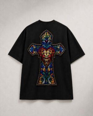 Camiseta negra LaMisa Collection con cruz de vidriera a color en la espalda.